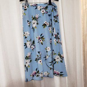Bobeau High Low Blue Pink Spring Floral Skirt Elastic Waist Faux Wrap Size Large